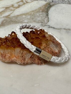 Invicta White Leather Braided Bracelet